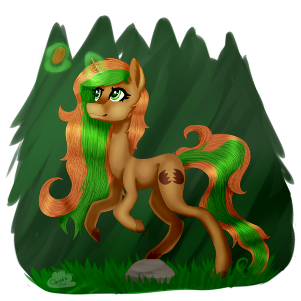 Size: 1024x1024 | Tagged: safe, artist:cloudsabovedawn, derpibooru import, oc, oc:ginger snap, unofficial characters only, glowing horn, grass, levitation, magic, rock, solo, telekinesis