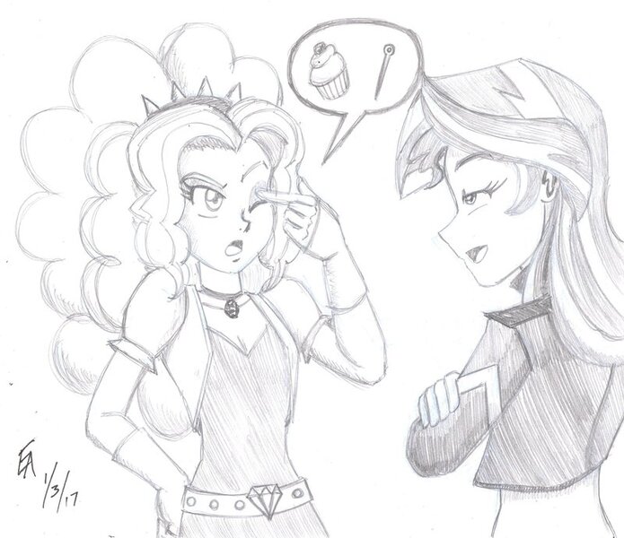 Size: 800x691 | Tagged: safe, artist:mayorlight, derpibooru import, adagio dazzle, sunset shimmer, fanfic, equestria girls, rainbow rocks, clothes, cupcake, fanfic art, fimfiction, food, midriff, monochrome, pencil drawing, pinkie promise, thought bubble, traditional art