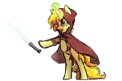 Size: 1024x683 | Tagged: safe, artist:silverknight27, derpibooru import, oc, oc:sigil, unofficial characters only, pony, unicorn, bipedal, bipedal leaning, cloak, clothes, female, glowing horn, leaning, lightsaber, magic, mare, simple background, solo, star wars, transparent background, weapon