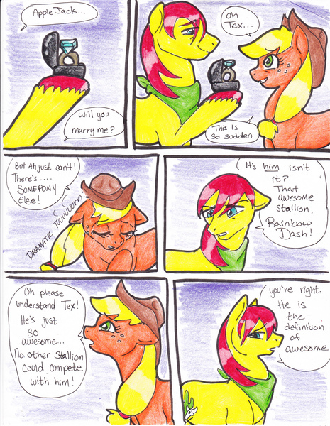 Size: 2552x3292 | Tagged: safe, artist:tristanjsolarez, derpibooru import, applejack, tex, pony, comic:trans ponies, g1, hat, marriage proposal, ring, texjack, wedding ring