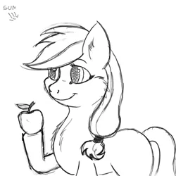 Size: 768x768 | Tagged: apple, applejack, artist:crimson, black and white, cheek fluff, chest fluff, derpibooru import, ear fluff, food, grayscale, hoof hold, missing accessory, missing cutie mark, monochrome, obligatory apple, safe, simple background, sketch, smiling, solo, white background, wip