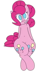 Size: 1140x1965 | Tagged: artist:mr. rottson, belly button, both cutie marks, crossed legs, derpibooru import, looking at you, no catchlights, no pupils, pinkie pie, safe, simple background, sitting, smiling, solo, transparent background, wide hips