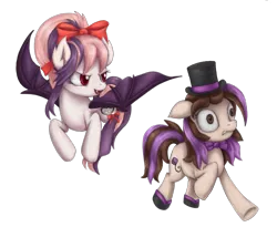 Size: 2224x1828 | Tagged: safe, artist:thebowtieone, derpibooru import, oc, oc:bowtie, oc:sweet velvet, unofficial characters only, bat pony, pony, bow, bowtie, clothes, colored pupils, duo, female, floppy ears, flying, hair bow, hat, mare, raised hoof, running, scared, simple background, socks, spread wings, top hat, transparent background