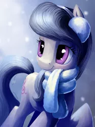 Size: 899x1200 | Tagged: safe, artist:camyllea, derpibooru import, octavia melody, earth pony, pony, clothes, cute, earmuffs, female, mare, raised hoof, scarf, smiling, snow, snowfall, solo, tavibetes