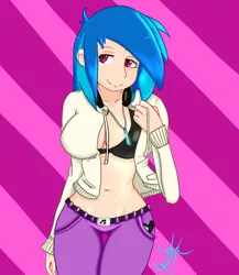 Size: 825x950 | Tagged: artist:yoichi-hayabusa, belly button, bra, breasts, busty vinyl scratch, cleavage, clothes, derpibooru import, female, human, humanized, midriff, smiling, solo, suggestive, underwear, undressing, vinyl scratch