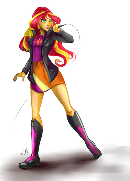 Size: 1800x2500 | Tagged: safe, artist:juliagoldfox, derpibooru import, sunset shimmer, equestria girls, boots, clothes, female, jacket, leather jacket, microphone, skirt, solo