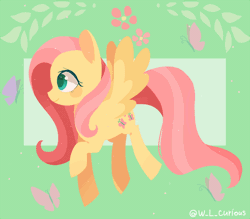 Size: 800x700 | Tagged: abstract background, animated, artist:louderpony, blinking, butterfly, colored pupils, dead source, derpibooru import, ear fluff, flapping, floating, flower, fluttershy, gif, looking at something, looking away, raised hoof, safe, signature, smiling, solo, spread wings