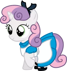 Size: 1001x1063 | Tagged: alice, alice in wonderland, artist:cloudyglow, bow, clothes, clothes swap, cosplay, costume, crossover, cute, derpibooru import, diasweetes, disney, dress, hair bow, raised hoof, safe, shoes, simple background, smiling, solo, sweetie belle, transparent background, vector