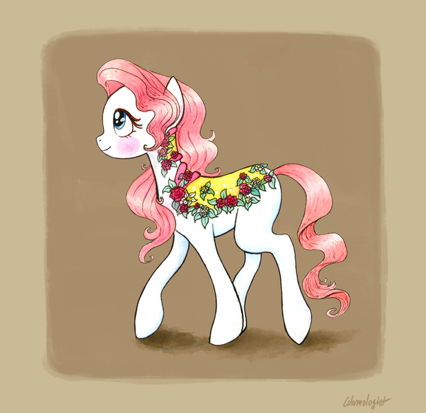 Size: 3135x3041 | Tagged: safe, artist:wormologist, derpibooru import, flower bouquet, earth pony, pony, blush sticker, blushing, cape, clothes, flower, g1, looking up, profile, simple background, solo, walking