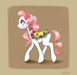 Size: 3135x3041 | Tagged: safe, artist:wormologist, derpibooru import, flower bouquet, earth pony, pony, blush sticker, blushing, cape, clothes, flower, g1, looking up, profile, simple background, solo, walking