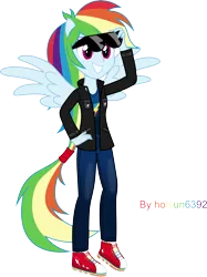 Size: 10143x13543 | Tagged: safe, artist:livehotsun, derpibooru import, rainbow dash, equestria girls, absurd resolution, clothes, dangerously high res, female, pants, ponied up, signature, simple background, solo, sunglasses, transparent background