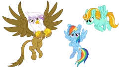 Size: 1024x582 | Tagged: safe, artist:kimmyartmlp, derpibooru import, gilda, lightning dust, rainbow dash, gryphon, pegasus, pony, big ears, flying, flying trio, simple background, transparent background, trio