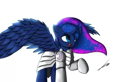 Size: 2560x1714 | Tagged: armor, artist:xaski21, derpibooru import, princess luna, raised hoof, safe, simple background, solo, spread wings