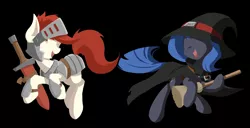 Size: 2250x1152 | Tagged: safe, artist:l8lhh8086, derpibooru import, oc, oc:sain, oc:sword, unofficial characters only, earth pony, pony, armor, broom, female, hat, mare, minimalist, sword, weapon, witch hat