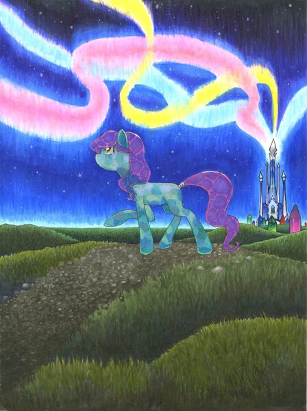 Size: 1024x1371 | Tagged: safe, artist:wormologist, derpibooru import, oc, unofficial characters only, earth pony, pony, crystal empire, looking away, looking up, night, raised hoof, solo, traditional art