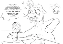 Size: 2013x1400 | Tagged: safe, artist:silfoe, derpibooru import, unnamed pony, ponified, pony, royal sketchbook, alex jones, angry, ask, conspiracy, conspiracy theory, grayscale, implied elements of harmony, implied gay, implied nightmare moon, implied parasprite, infowars, meme, monochrome, radio, sketch, solo, tumblr, tumblr blog, tumblr comic