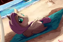 Size: 1800x1200 | Tagged: safe, artist:miokomata, derpibooru import, fluttershy, pegasus, pony, beach, beach blanket, beach umbrella, blushing, cute, cute little fangs, dutch angle, fangs, female, looking at you, looking back, looking over shoulder, mare, shyabetes, signature, solo