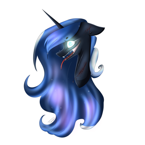 Size: 5000x5000 | Tagged: semi-grimdark, artist:amai-aji, derpibooru import, nightmare moon, princess luna, absurd resolution, blood, bust, drool, floppy ears, glowing eyes, injured, simple background, solo, tongue out, transparent background