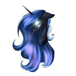 Size: 5000x5000 | Tagged: semi-grimdark, artist:amai-aji, derpibooru import, nightmare moon, princess luna, absurd resolution, blood, bust, drool, floppy ears, glowing eyes, injured, simple background, solo, tongue out, transparent background