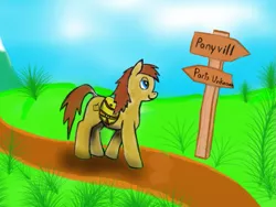 Size: 825x619 | Tagged: safe, artist:sdf1jjak, derpibooru import, oc, unofficial characters only, earth pony, pony, road sign, saddle bag, solo, tablet drawing