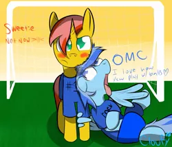 Size: 965x827 | Tagged: suggestive, artist:cloufy, derpibooru import, oc, oc:cloufy, oc:ember flare, unofficial characters only, pegasus, pony, unicorn, clothes, male, open mouth, shipping, soccer field