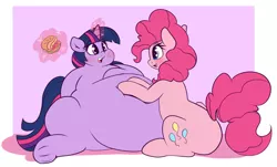 Size: 1280x775 | Tagged: suggestive, artist:graphenescloset, derpibooru import, pinkie pie, twilight sparkle, adorafatty, belly, bellyrubs, big belly, blushing, burger, chubby cheeks, cute, diapinkes, fat, feedee, feeder, feeder pinkie, female, food, lesbian, magic, obese, shipping, that pony sure does love burgers, twiabetes, twilard sparkle, twilight burgkle, twinkie