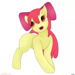 Size: 6000x6000 | Tagged: absurd resolution, apple bloom, artist:pyravia, bow, cute little fangs, derpibooru import, fangs, hair bow, looking back, open mouth, pinup, safe, solo