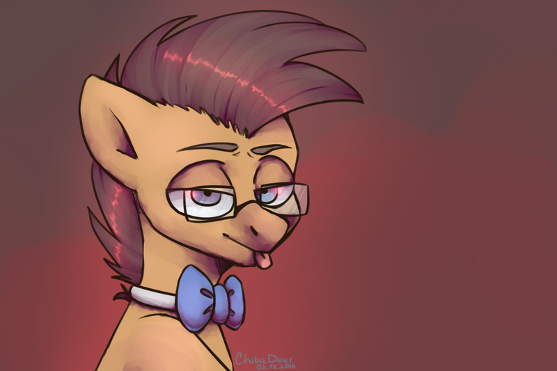 Size: 1080x720 | Tagged: safe, artist:chibadeer, derpibooru import, oc, unofficial characters only, earth pony, pony, bowtie, bust, glasses, male, portrait, solo, stallion, tongue out