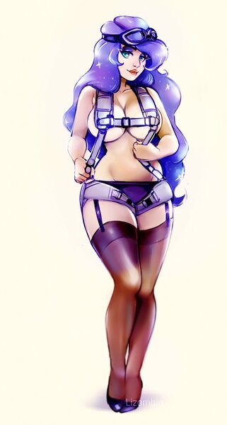 Size: 803x1500 | Tagged: artist:lizombie, breasts, busty princess luna, clothes, commission, covered nipples, derpibooru import, eyeshadow, female, garters, goggles, high heels, human, humanized, lipstick, makeup, parachute, pinup, princess luna, questionable, socks, solo, solo female, stockings, thigh highs