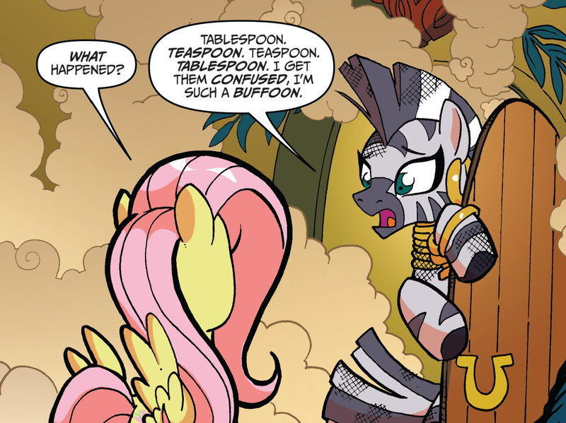 Size: 1365x1022 | Tagged: safe, artist:tonyfleecs, derpibooru import, idw, fluttershy, zecora, pegasus, pony, zebra, friends forever, spoiler:comic, spoiler:comicff5, cropped, duo, ear piercing, earring, everfree forest, female, jewelry, leg rings, mare, neck rings, official comic, piercing, smoke, speech bubble, zecora's hut