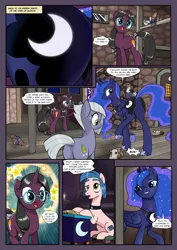 Size: 1362x1929 | Tagged: safe, artist:pencils, derpibooru import, limestone pie, princess luna, oc, oc:moonglow twinkle, oc:scribe inksy, alicorn, chicken, earth pony, pony, unicorn, comic:anon's pie adventure, book, bow, choker, clerical robes, close-up, comic, crown, cute, dialogue, dock, eyeshadow, featureless crotch, female, frown, glasses, grin, happy, horseshoes, jewelry, lidded eyes, lunar disciples, makeup, male, mare, meganekko, moonbutt, necklace, open mouth, plot, podium, praise the moon, raised hoof, raised leg, regalia, sitting, smiling, sparkles, speech bubble, stallion, stars, tail bow