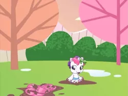Size: 640x480 | Tagged: safe, derpibooru import, screencap, sweetie belle, pony, over two rainbows, bow, clothes, g3.5, g3.75, looking down, mud, muddy, newborn cuties, once upon a my little pony time, open mouth, remake, remastered, scarf, solo