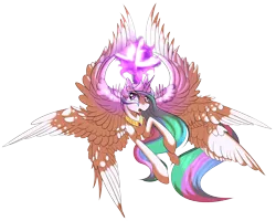 Size: 3684x2952 | Tagged: safe, artist:beardie, derpibooru import, princess celestia, alicorn, pony, seraph, seraphicorn, female, flying, glare, magic, mare, multiple wings, open mouth, runes, simple background, solo, spread wings, transparent background