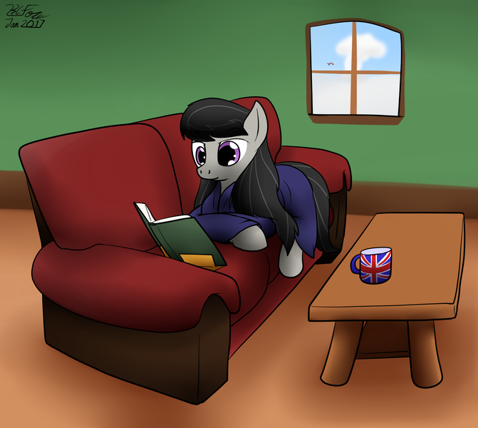 Size: 1649x1475 | Tagged: artist:the-furry-railfan, book, britavia, british, clothes, couch, derpibooru import, flying machine, lying down, mushroom cloud, oc, oc:night strike, octavia melody, reading, robe, safe, snow, solo, union jack, winter