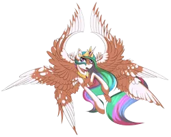 Size: 3684x2952 | Tagged: safe, artist:beardie, derpibooru import, princess celestia, alicorn, pony, seraph, seraphicorn, female, flying, glare, mare, multiple wings, open mouth, simple background, solo, spread wings, transparent background