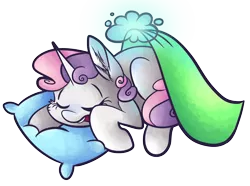 Size: 7016x5230 | Tagged: absurd resolution, artist:cutepencilcase, blanket, derpibooru import, implied rarity, magic, offscreen character, open mouth, pillow, safe, simple background, sleeping, sleepy belle, snoring, solo, sweetie belle, transparent background