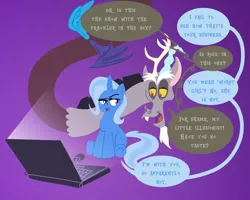 Size: 1280x1024 | Tagged: safe, artist:turkleson, derpibooru import, discord, trixie, pony, unicorn, computer, dialogue, discord-trolls, doctor who, female, gradient background, laptop computer, lidded eyes, looking sideways, male, mare, open mouth, purple background, shipping, simple background, sitting, smiling, straight, trixcord, underhoof
