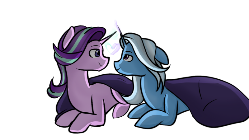 Size: 1280x720 | Tagged: safe, artist:doodledonut, derpibooru import, starlight glimmer, trixie, pony, unicorn, blanket, female, floppy ears, heart, lesbian, looking at each other, magic, mare, prone, shipping, simple background, smiling, startrix, transparent background