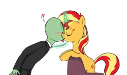 Size: 1720x1010 | Tagged: safe, artist:zharkaer, derpibooru import, sunset shimmer, oc, oc:anon, human, pony, equestria girls, blushing, chair, curved horn, exclamation point, eyes closed, interspecies, kissing, magic, necktie, simple background, surprise kiss, surprised, telekinesis, transparent background