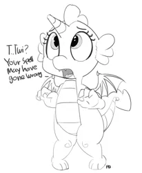 Size: 1280x1551 | Tagged: safe, artist:pabbley, derpibooru import, spike, alicorn, pony, alicornified, barb, cute little fangs, dialogue, fangs, grayscale, horn, looking up, monochrome, open mouth, princess barb, race swap, rule 63, simple background, solo, spikacorn, spread wings, white background