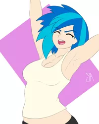 Size: 1280x1600 | Tagged: safe, artist:souladdicted, derpibooru import, vinyl scratch, human, armpits, arms in the air, breasts, busty vinyl scratch, cleavage, clothes, female, humanized, image, jpeg, midriff, solo, tanktop