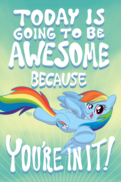 Size: 800x1200 | Tagged: safe, artist:1trick, derpibooru import, rainbow dash, pegasus, pony, female, flying, looking at you, mare, motivational poster, open mouth, pointing, positive ponies, poster, smiling, solo, spread wings, text, underhoof