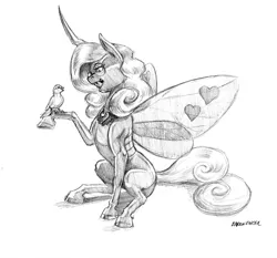 Size: 1400x1304 | Tagged: artist:baron engel, bird, changeling, derpibooru import, glasses, grayscale, mirror universe, monochrome, pencil drawing, queen chrysalis, raised hoof, reversalis, safe, sitting, sketch, smiling, solo, traditional art