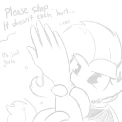 Size: 792x792 | Tagged: safe, artist:tjpones, derpibooru import, fluttershy, bat pony, human, pony, biting, cute, dialogue, disembodied hand, drool, fangs, flutterbat, grayscale, hand, monochrome, nom, offscreen character, race swap, shyabates, shyabetes, simple background, spread wings, tjpones is trying to murder us, white background