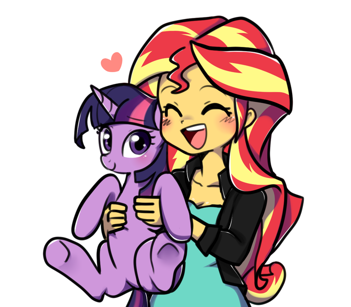 Size: 1200x1050 | Tagged: safe, artist:haden-2375, derpibooru import, sunset shimmer, twilight sparkle, twilight sparkle (alicorn), pony, equestria girls, clothes, cute, eyes closed, female, heart, holding a pony, jacket, leather jacket, lesbian, open mouth, shimmerbetes, shipping, simple background, sunsetsparkle, twiabetes, white background