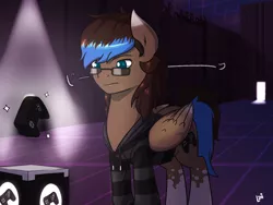 Size: 2800x2100 | Tagged: safe, artist:elzielai, derpibooru import, oc, oc:playthrough, unofficial characters only, pony, building, clothes, controller, cutie mark, dark, folded wings, glasses, group, hoodie, japanese, looking at something, looking down, male, nerd, nerd pony, pedestal, purple, silhouette, simulation, solo, spotlight, spread wings, stalker, stallion