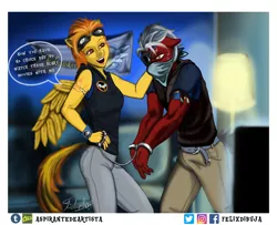Size: 3518x2850 | Tagged: anthro, artist:aspirantedeartista, belt, bondage, clothes, commission, couch, derpibooru import, dialogue, goggles, hand cuffs, indoors, lamp, oc, oc:thunderstreak, open mouth, pants, safe, signature, speech bubble, spitfire, television