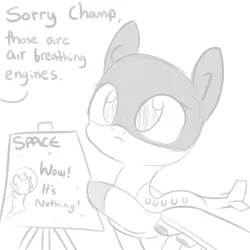 Size: 792x792 | Tagged: safe, artist:tjpones, derpibooru import, oc, unofficial characters only, original species, plane pony, pony, cute, disappointed, frown, looking up, monochrome, offscreen character, plane, pointing, raised hoof, sad, sign, simple background, sketch, space, what do you want