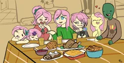 Size: 2158x1095 | Tagged: safe, artist:mt, derpibooru import, fluttershy, oc, oc:anon, oc:fauna, oc:flora, oc:ivy, oc:thorn, oc:timber, human, pony, satyr, turkey, blushing, cooked, dead, family photo, father, female, food, ham, heart, male, mare, married couple, meat, mother, offspring, parent:anon, parent:fluttershy, parent:oc:anon, siblings, sleeping, texting, thanksgiving, twins