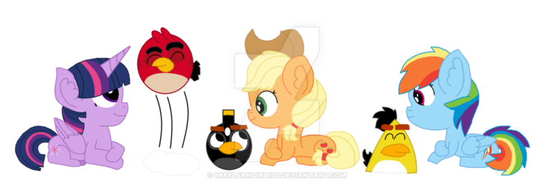 Size: 1024x351 | Tagged: safe, artist:mixelfangirl100, derpibooru import, applejack, rainbow dash, twilight sparkle, twilight sparkle (alicorn), alicorn, pony, angry birds, crossed hooves, crossover, ear fluff, eyes closed, jumping, looking up, prone, simple background, smiling, transparent background